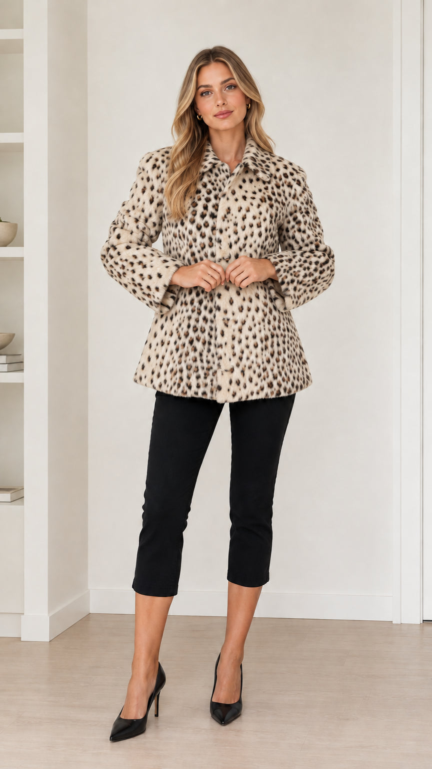 Model wearing cream and light beige leopard print button-front mid-length coat