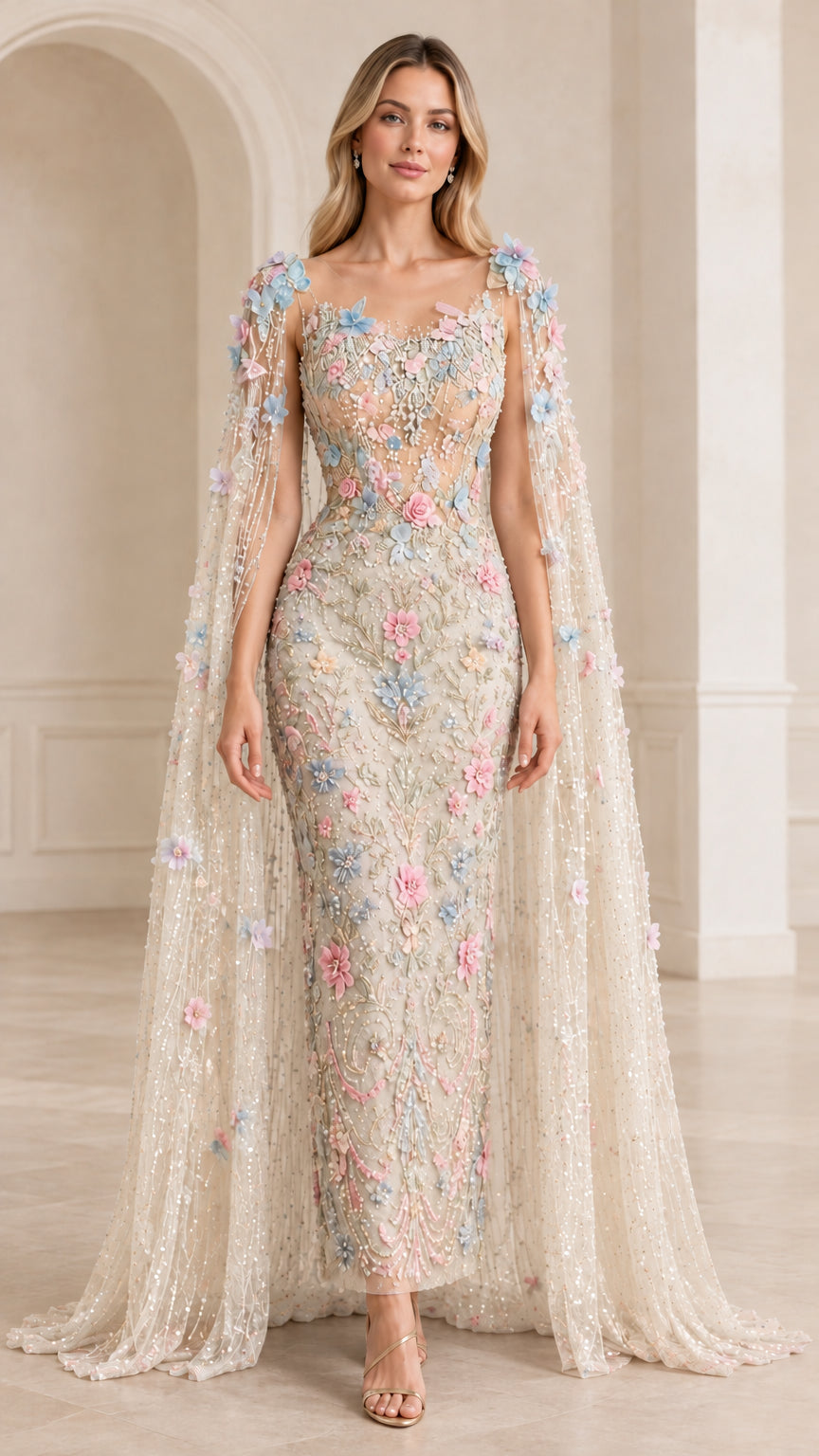 Front view of champagne floral applique cape formal maxi dress
