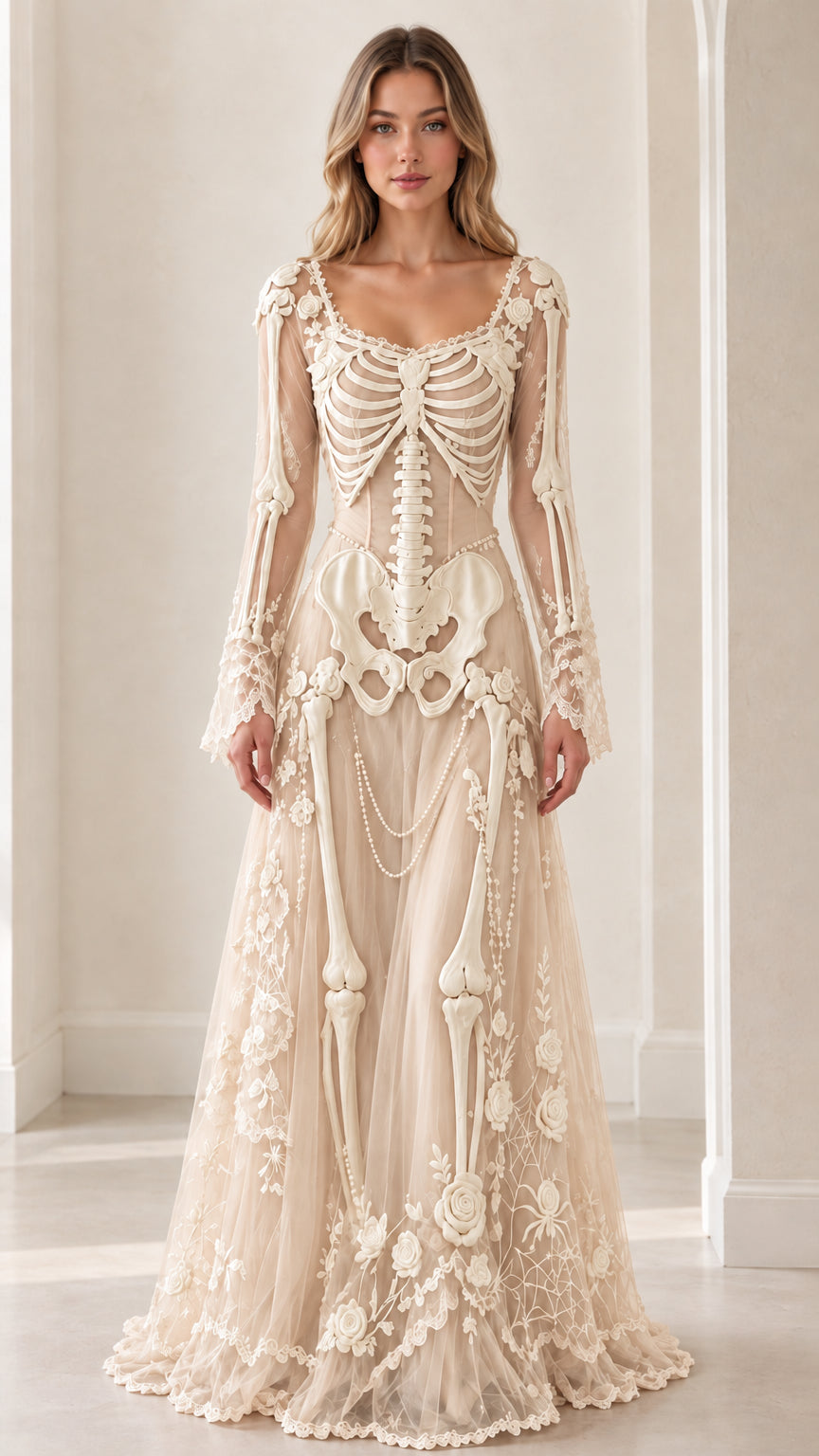 Champagne cream gothic skeleton appliqué lace evening gown