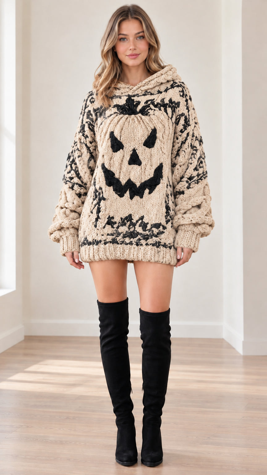 Beige cream oversized hooded knit sweater dress with black pumpkin face