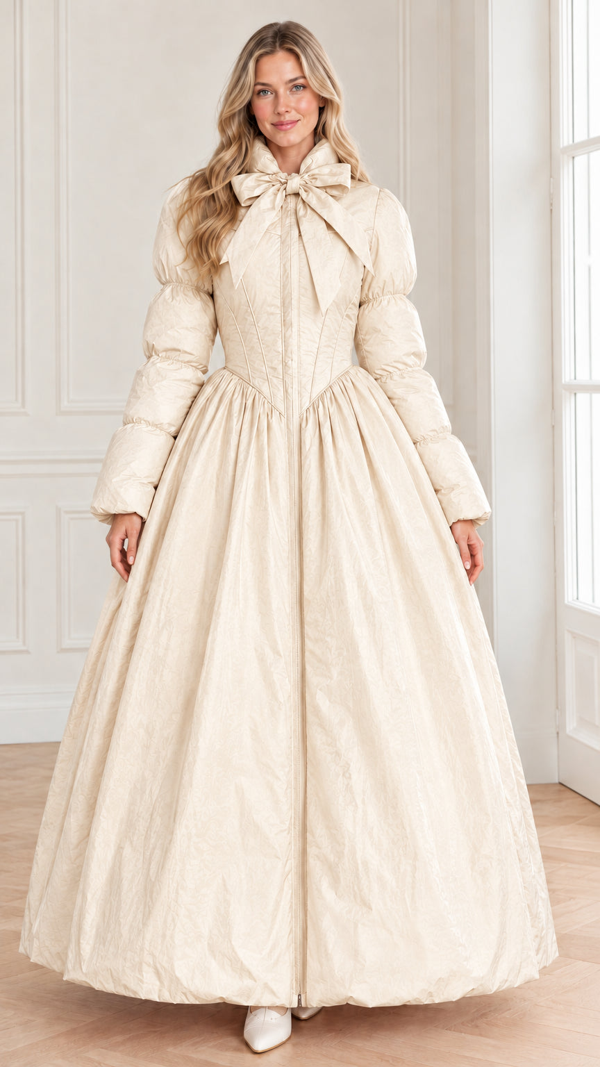 Full-length front view of model in the dramatic ballgown puffer coat in cream champagne