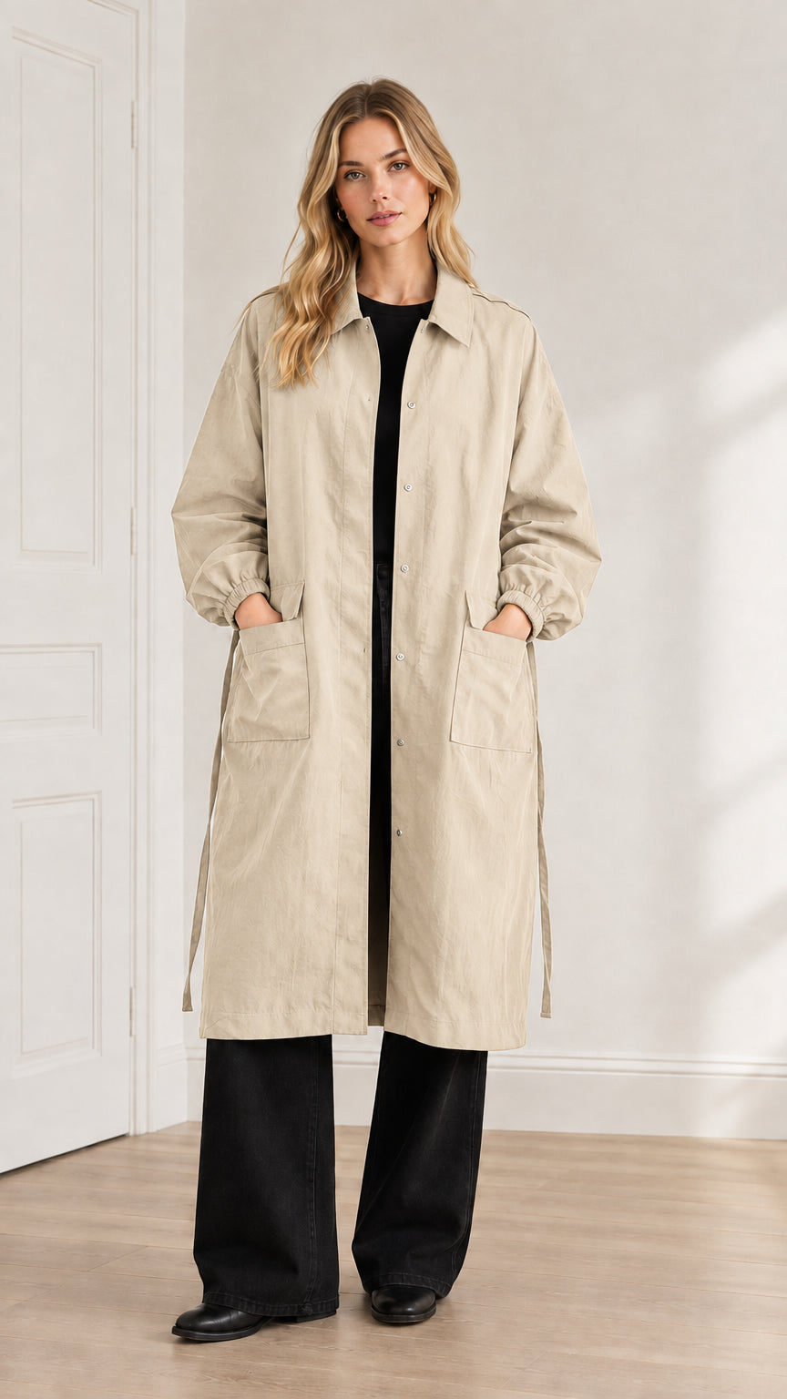 Front view of a model wearing the long duster coat in beige