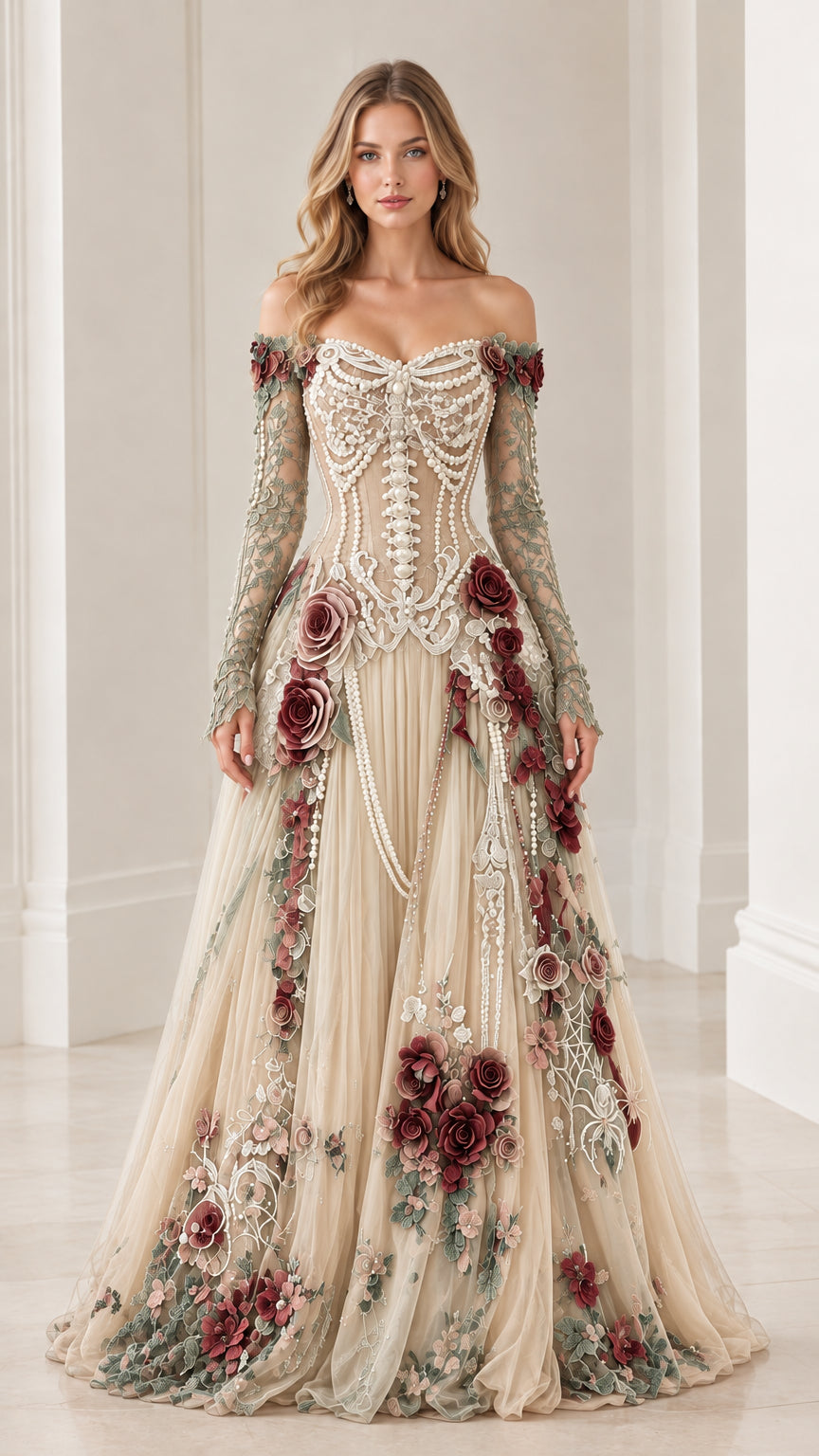 Champagne cream beaded corset evening ball gown with floral accents and lace sleeves