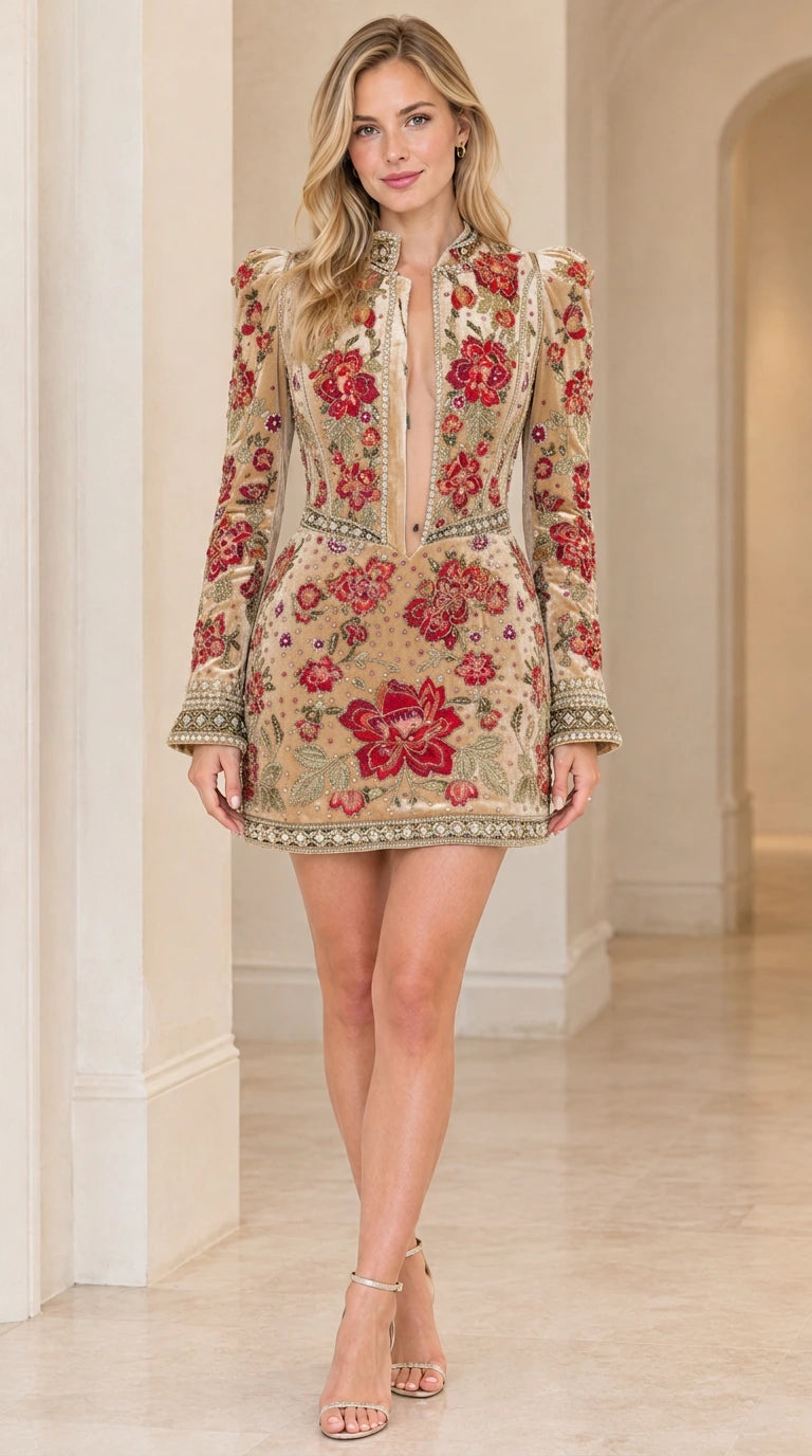Front view of model wearing champagne gold floral embroidered long sleeve mini dress