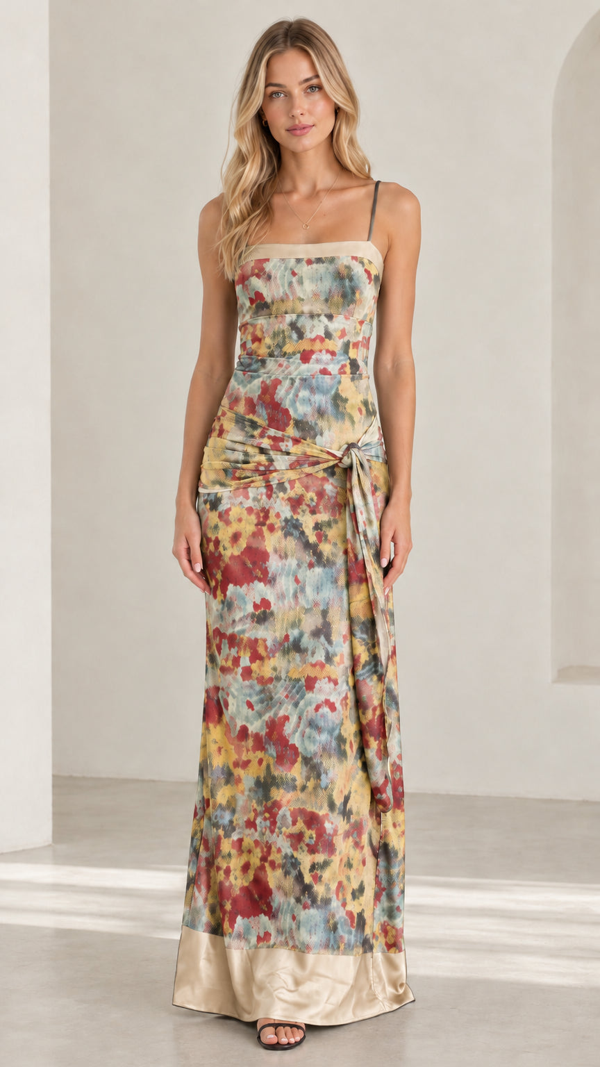 Front view of Champagne Multi abstract floral spaghetti strap maxi dress with knotted waist