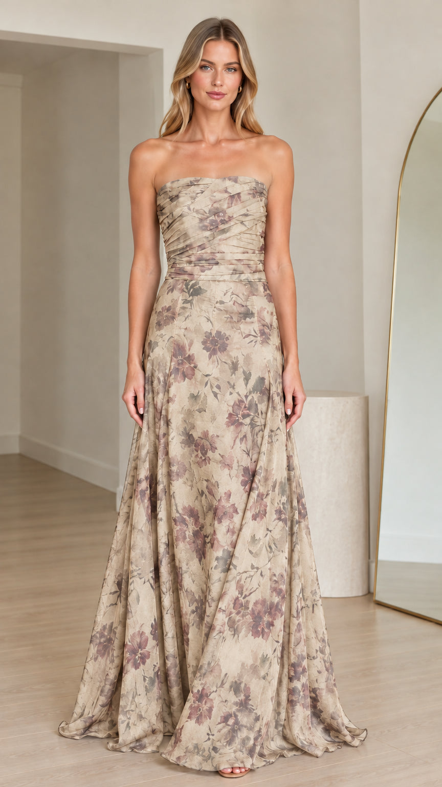 Strapless floral maxi gown in champagne beige