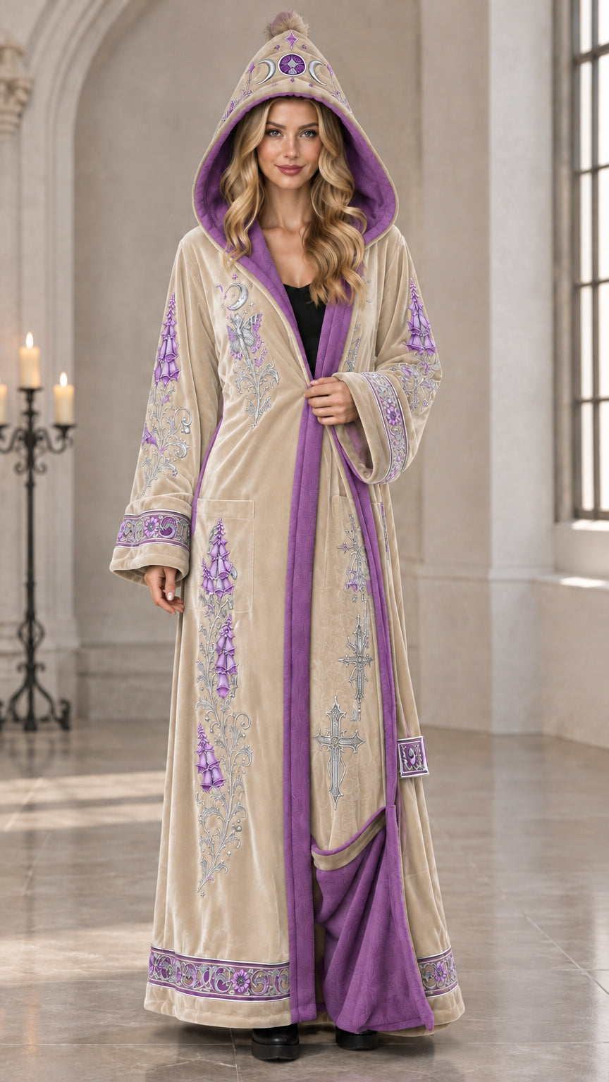Beige champagne embroidered hooded velvet maxi robe with purple lining