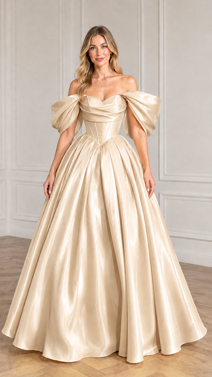 Front view of the champagne off-the-shoulder corset ball gown maxi evening dress