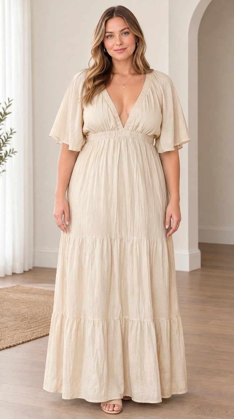 Model wearing beige cream plunge V-neck tiered maxi dress with flutter sleeves
