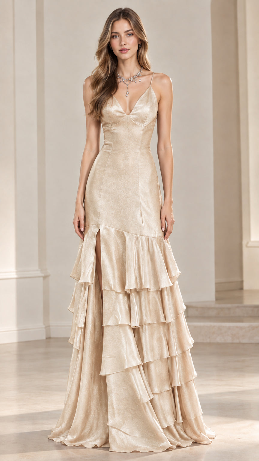 Front view of a woman wearing a champagne gold tiered ruffle maxi evening dress