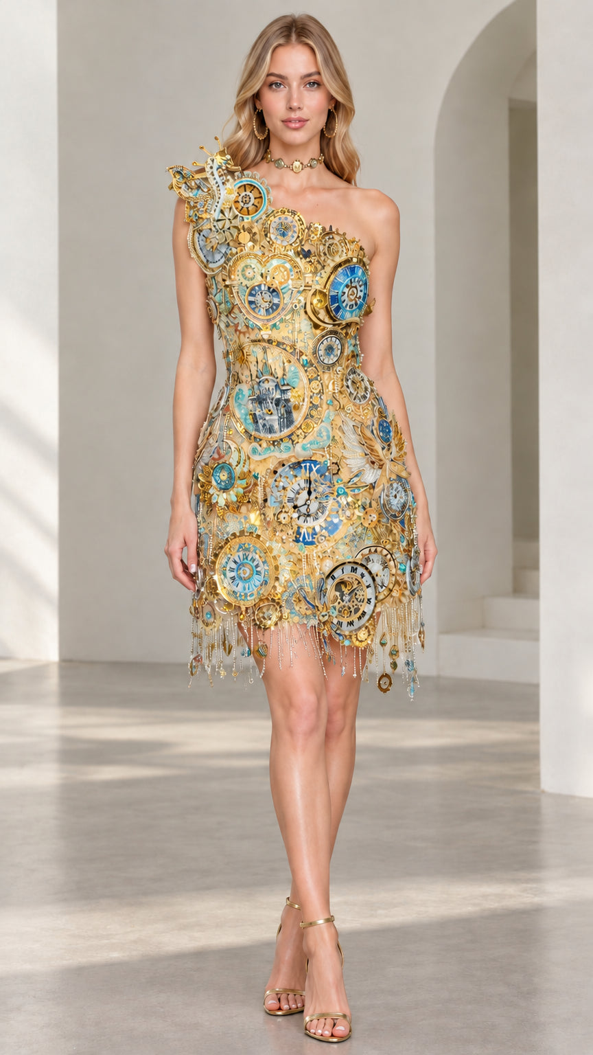 Front view of champagne gold one-shoulder embellished fringe mini dress variant