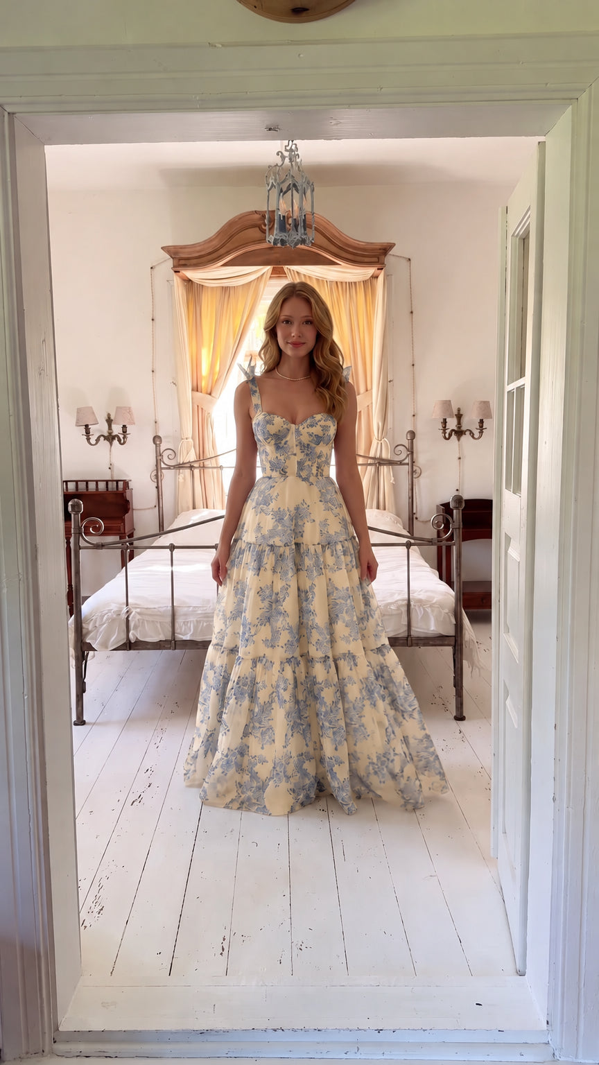 Front view of woman wearing pale yellow floral corset maxi dress