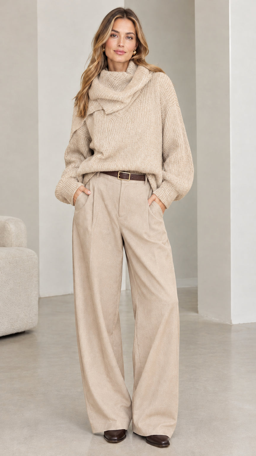 Front view of model wearing beige ribbed knit cowl neck sweater with beige wide-leg trousers