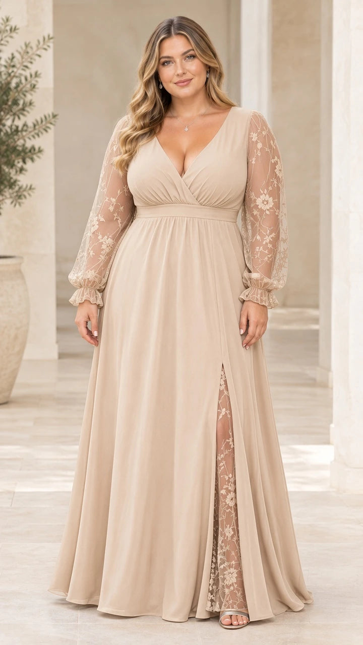Front view of model wearing champagne beige formal gown with sheer lace sleeves