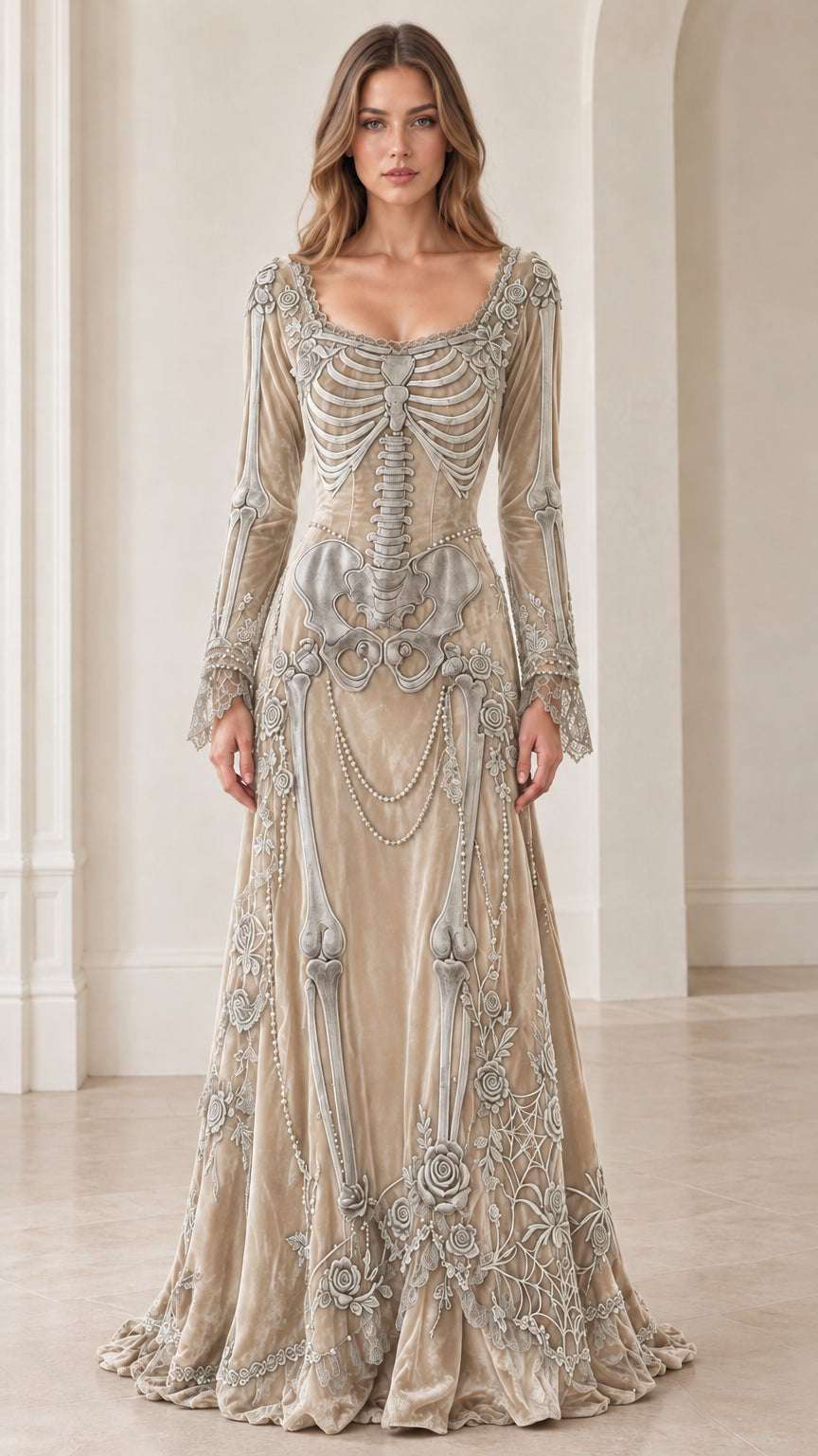 Champagne beige velvet skeleton print long sleeve maxi dress front view