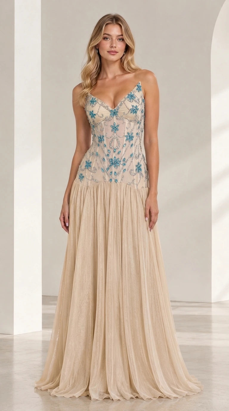 Champagne beige embellished corset style tulle evening gown