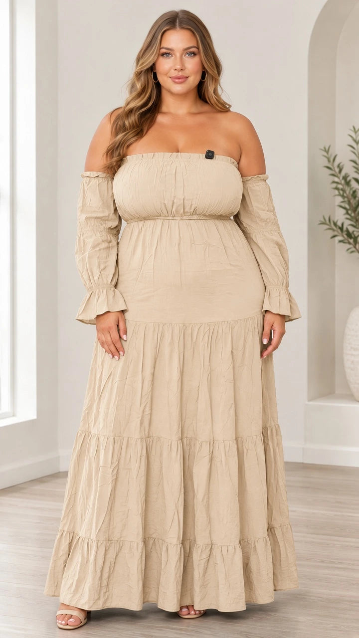 Front view of model wearing beige off-the-shoulder tiered maxi dress