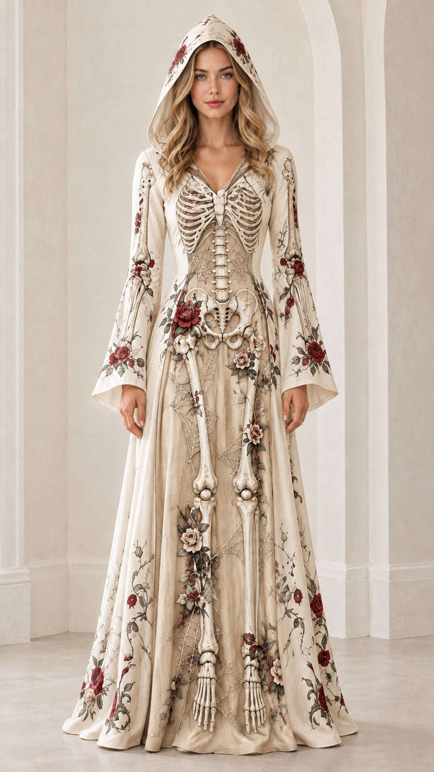 Front view of champagne beige gothic skeleton and floral print hooded maxi dress