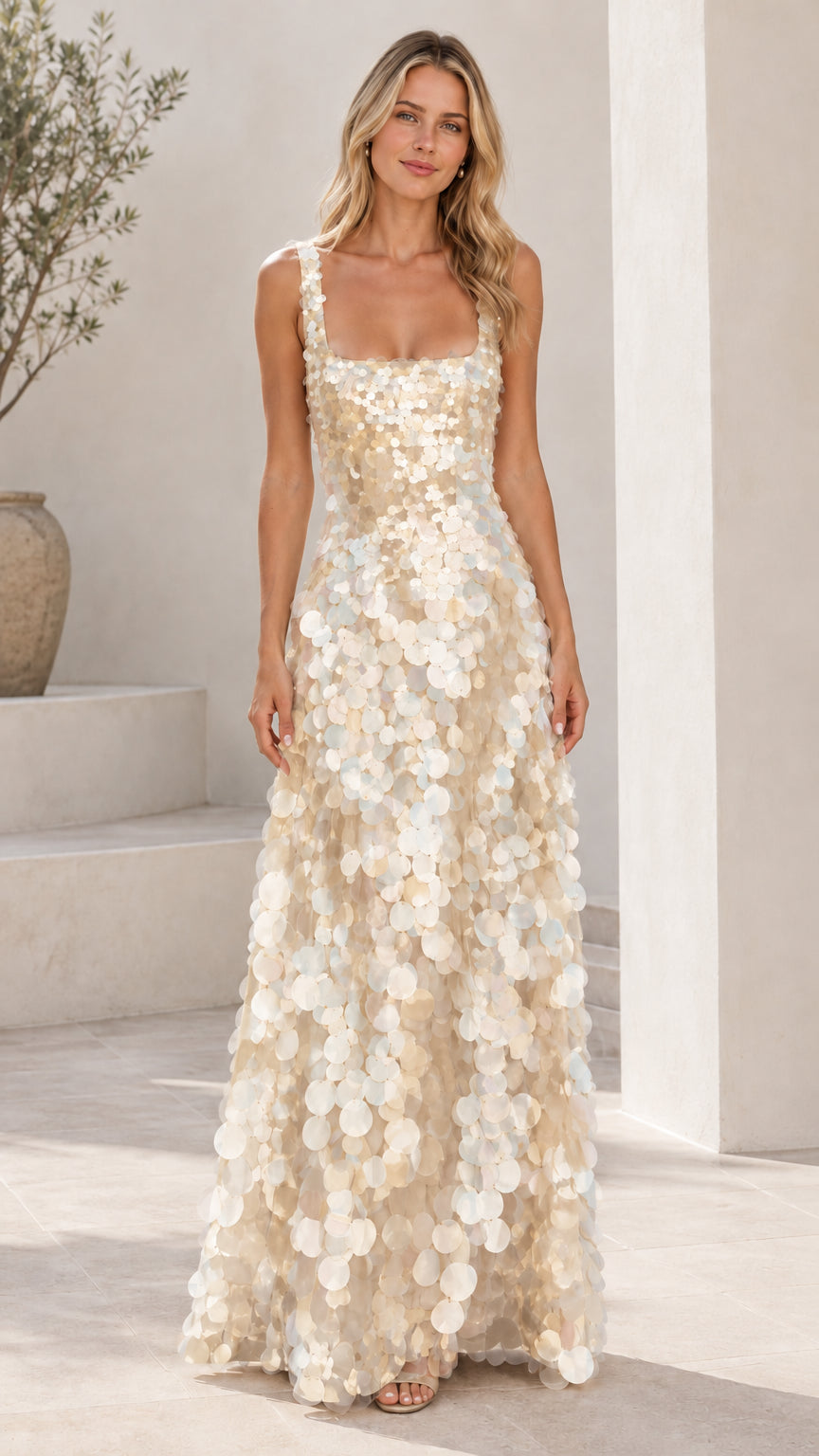 Champagne gold sleeveless square neck shimmering sequin evening gown