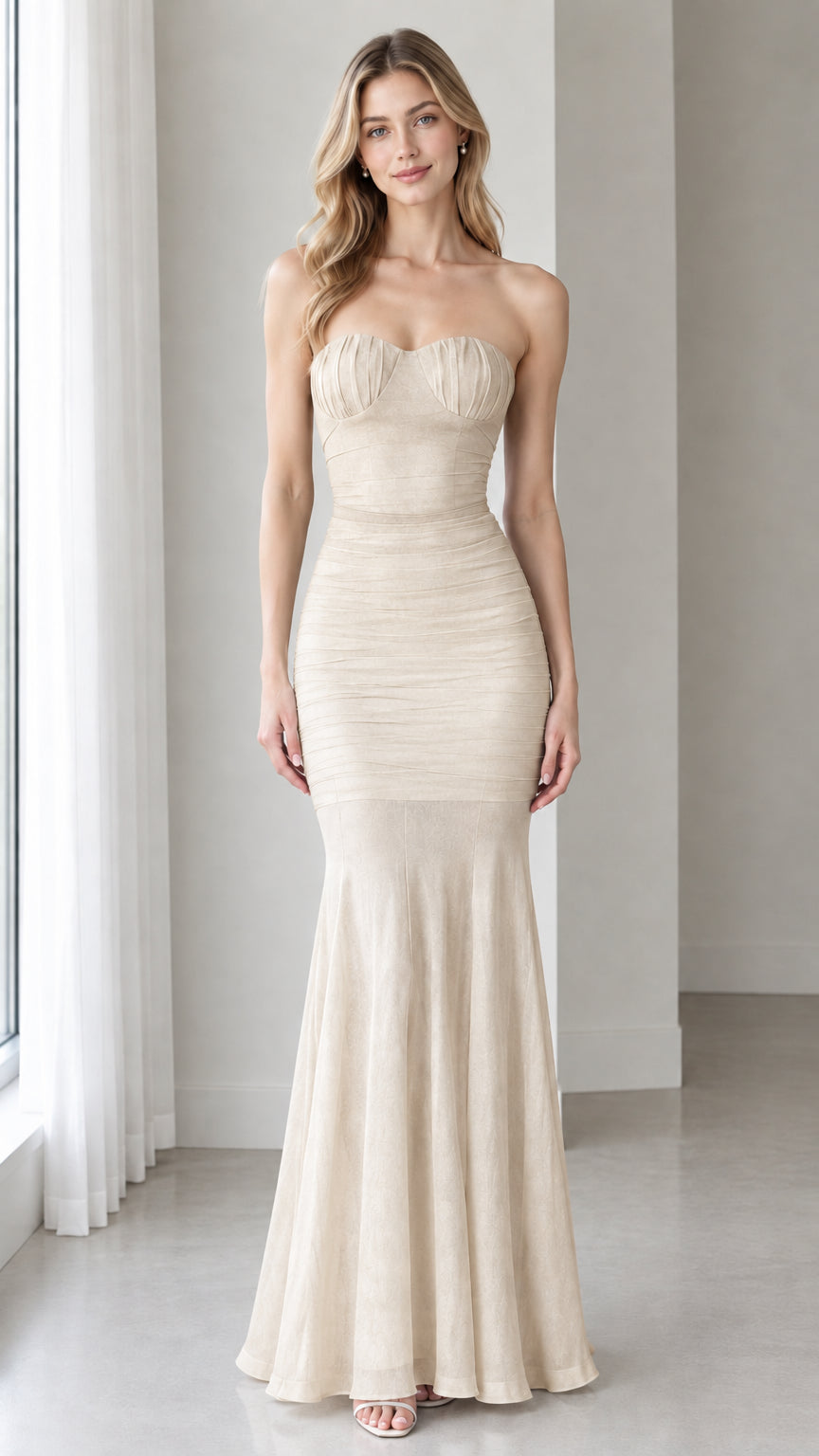 Front full-length view of model wearing the Champagne beige strapless ruched mermaid maxi dress