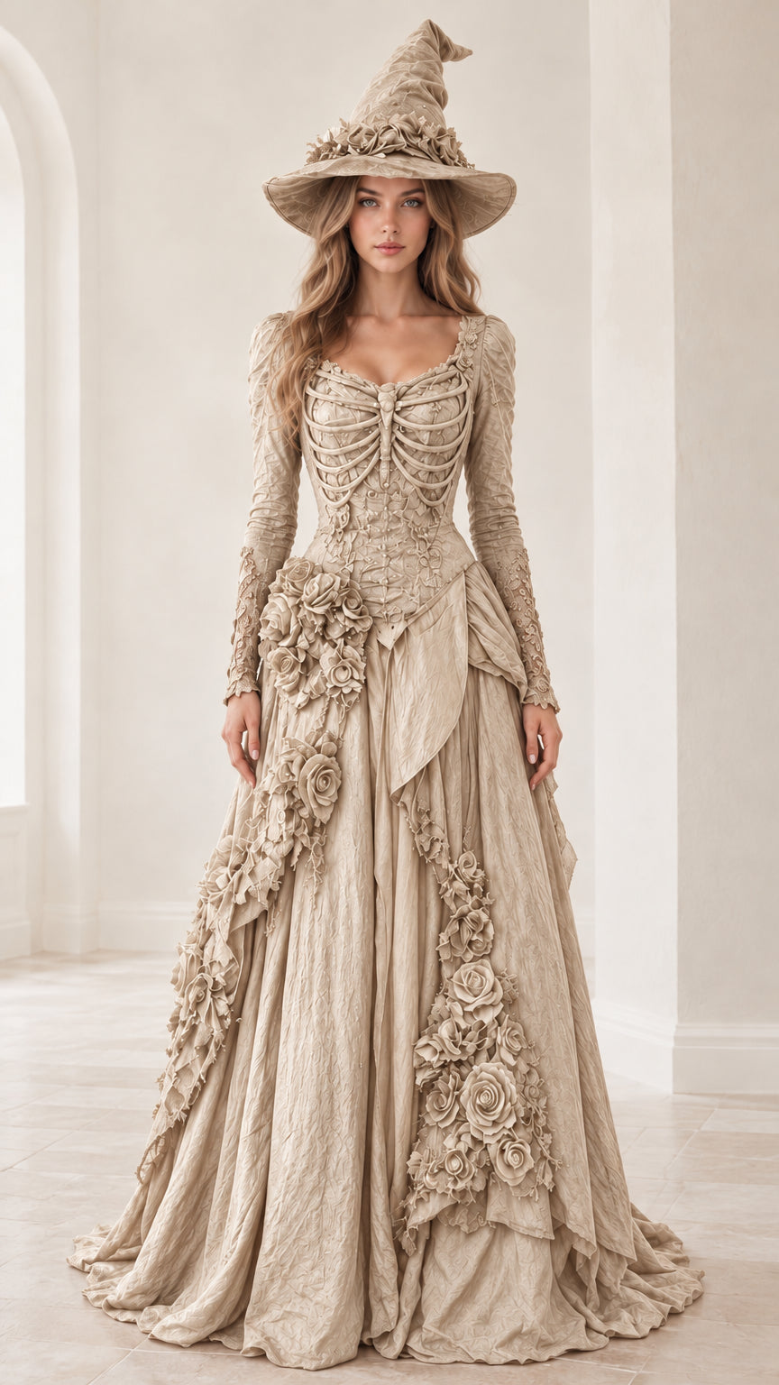 Front view of champagne beige gothic corset gown with matching witch hat