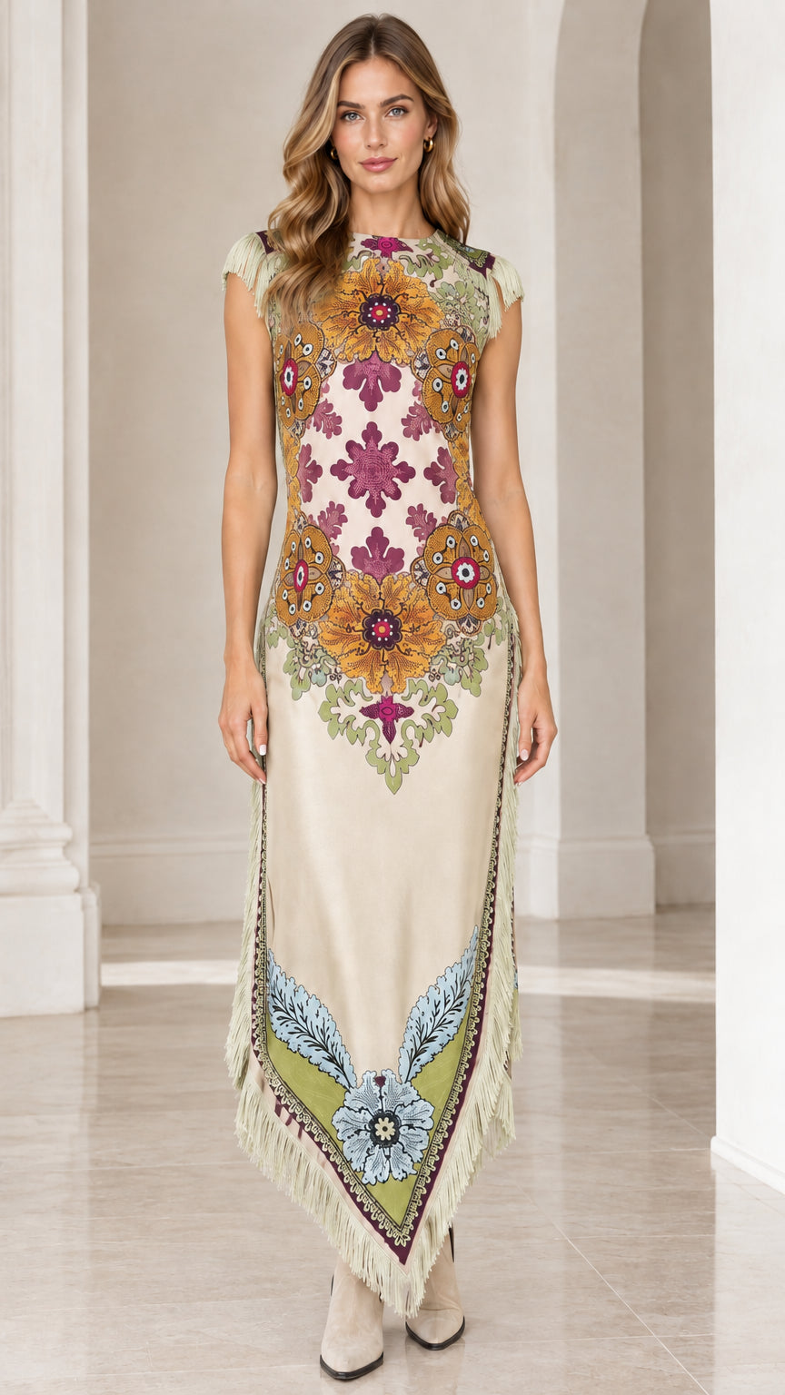 Beige color variant of bohemian floral print sleeveless maxi dress with fringe detail