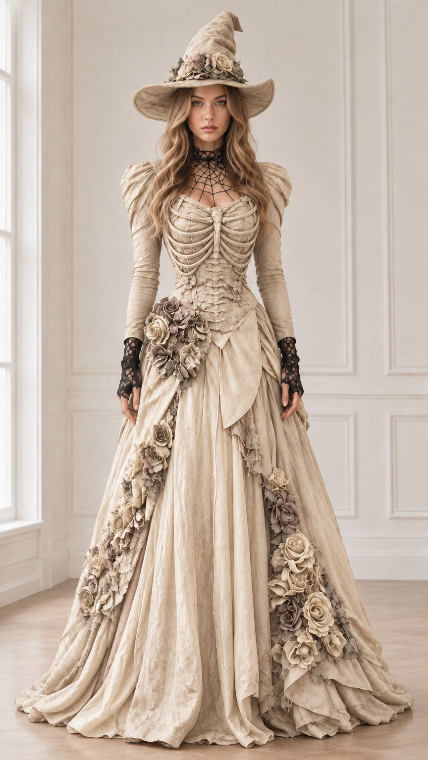 Champagne cream version of the gothic Victorian witch ball gown with detailed drapery