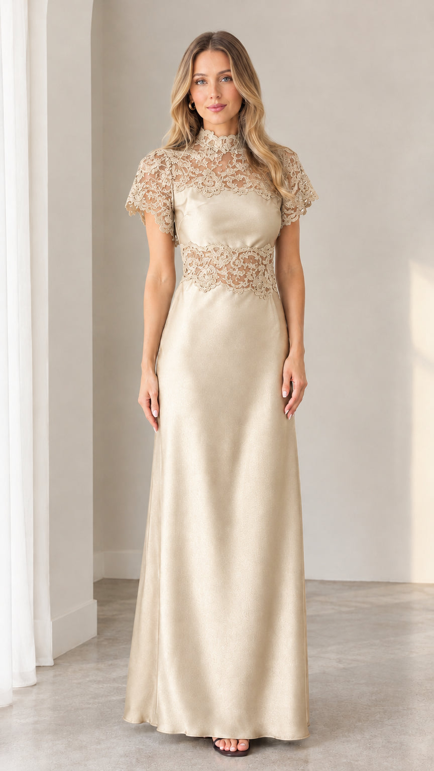 Champagne gold satin maxi dress with floral lace detailing