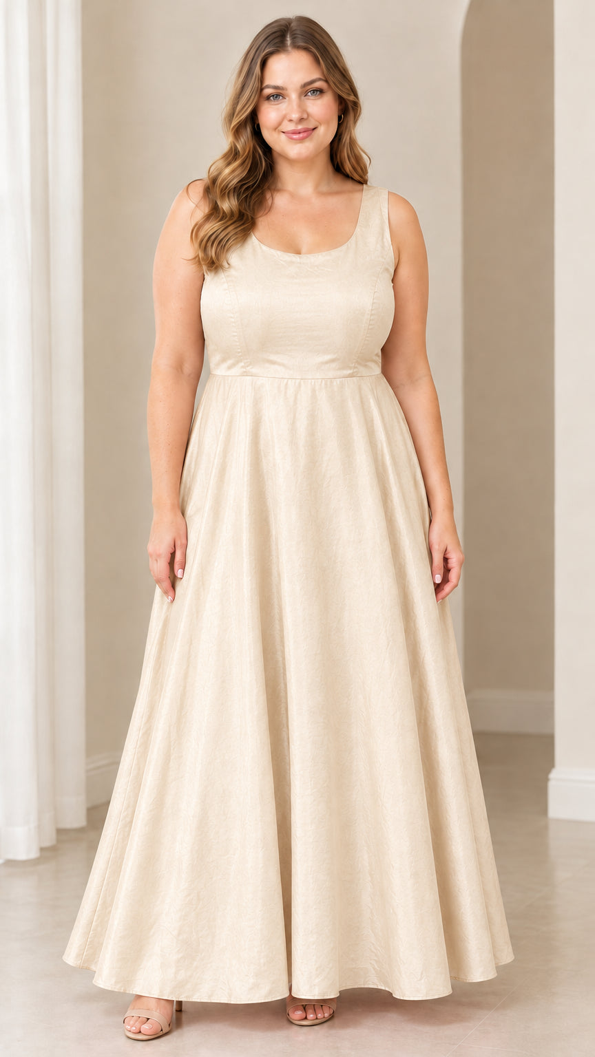 Front view of woman wearing champagne cream sleeveless scoop neck maxi dress