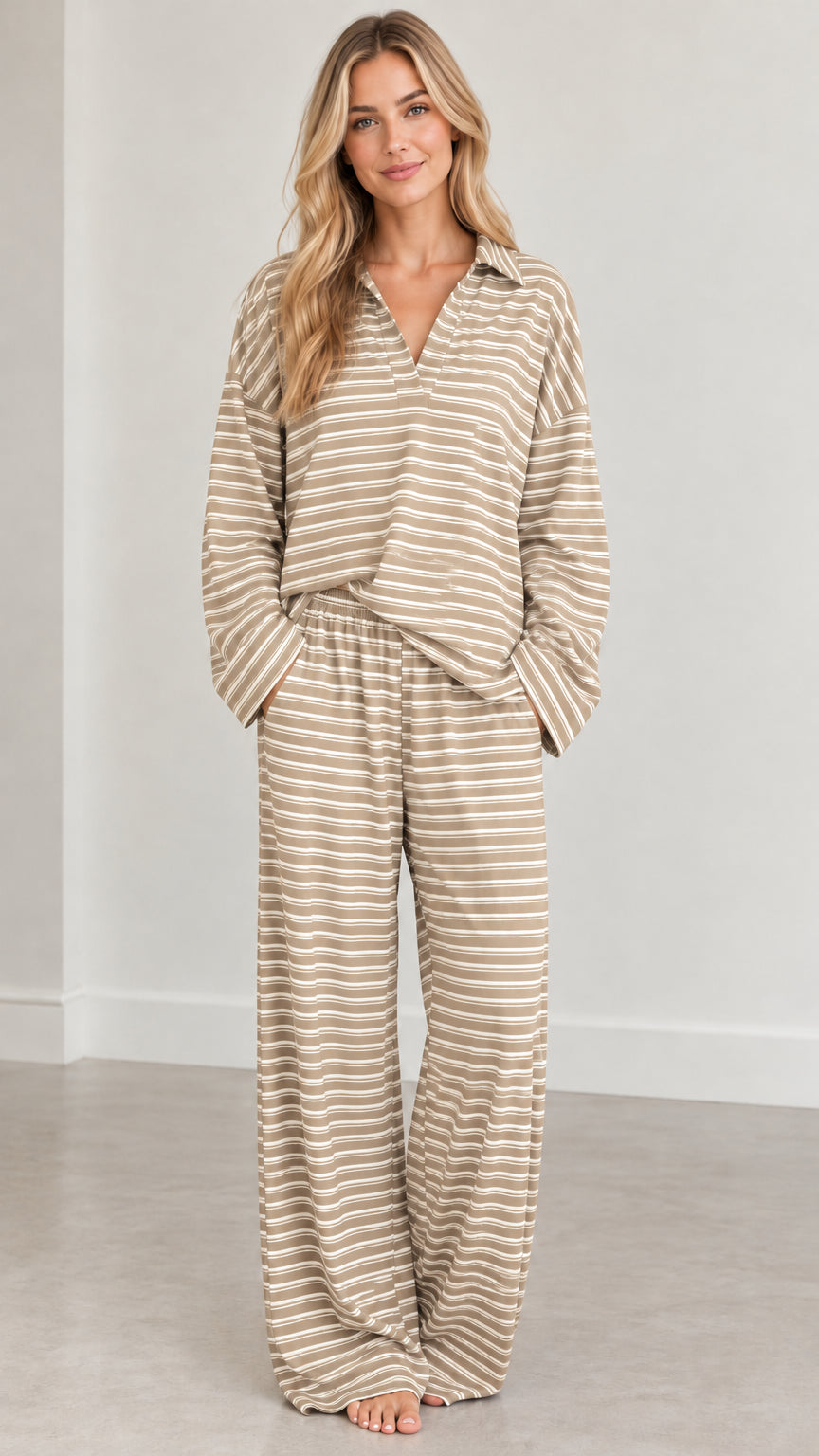 Front view of beige and white striped two-piece loungewear set