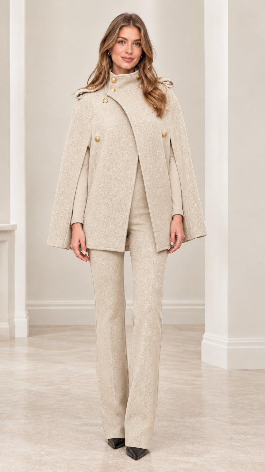 Front view of model wearing beige military cape coat with matching cream trousers