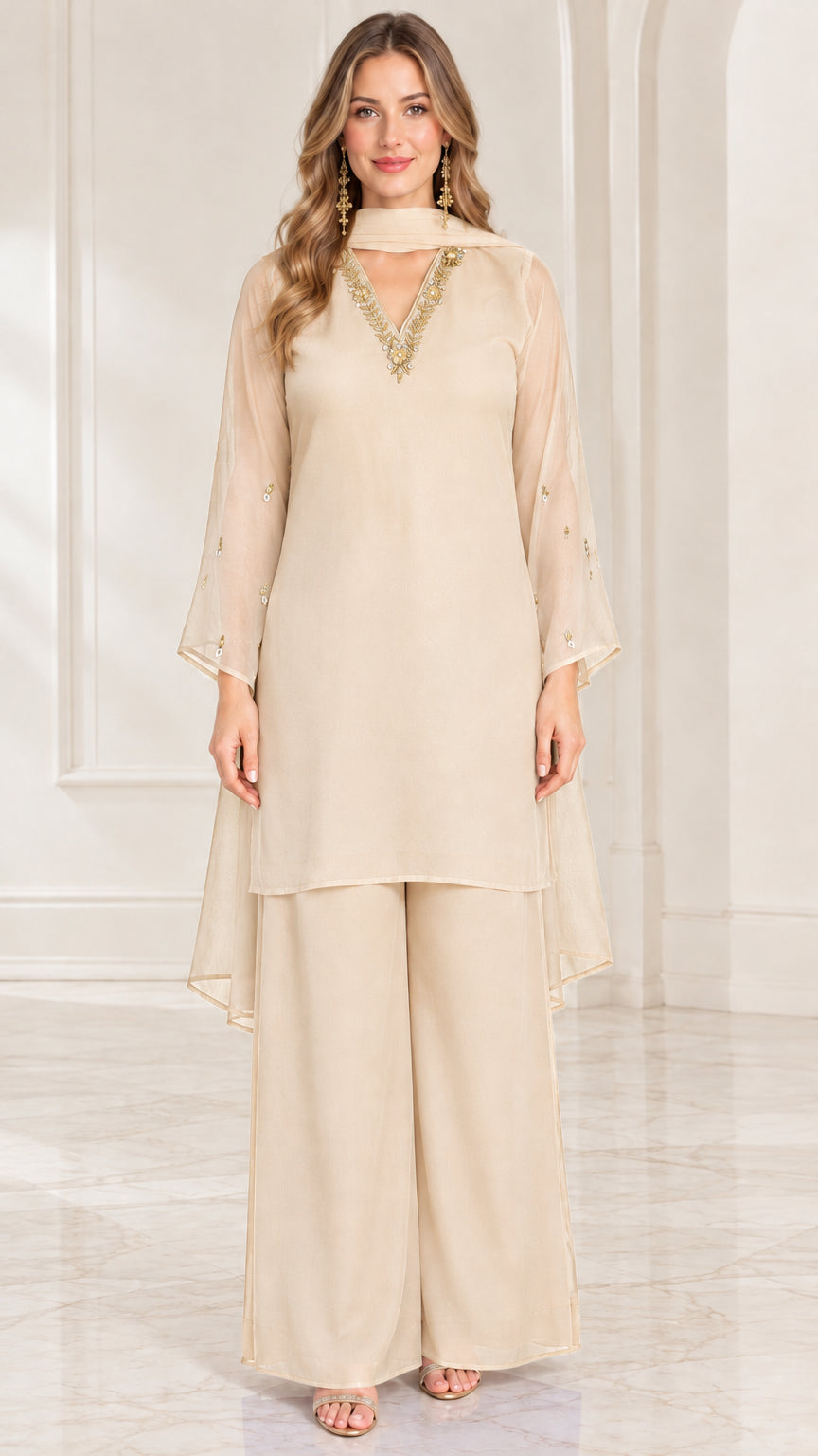 Full-length front view of champagne beige embroidered chiffon tunic top and wide-leg pants set