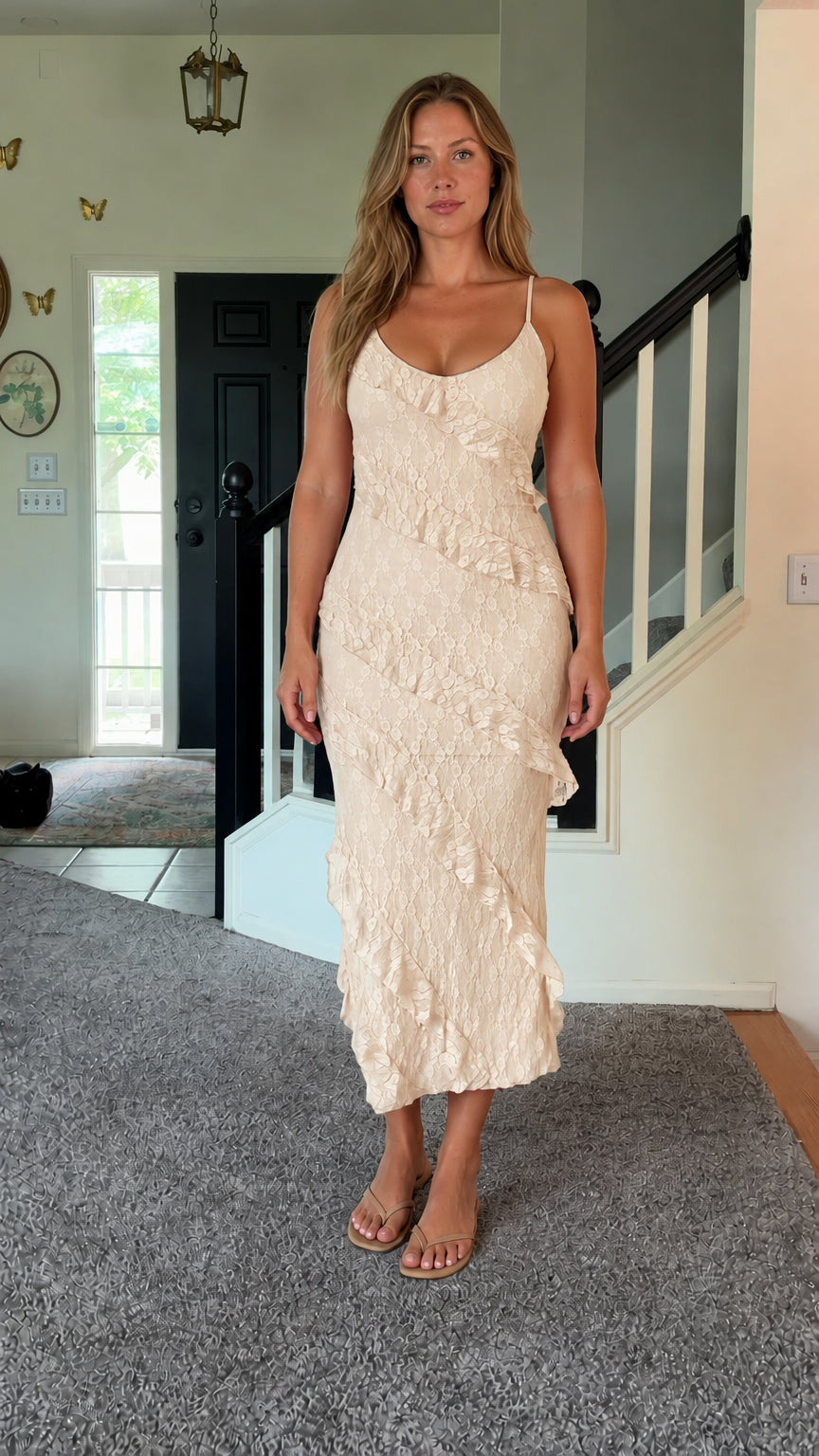 Front view of woman wearing cream floral lace ruffle cami midi dress