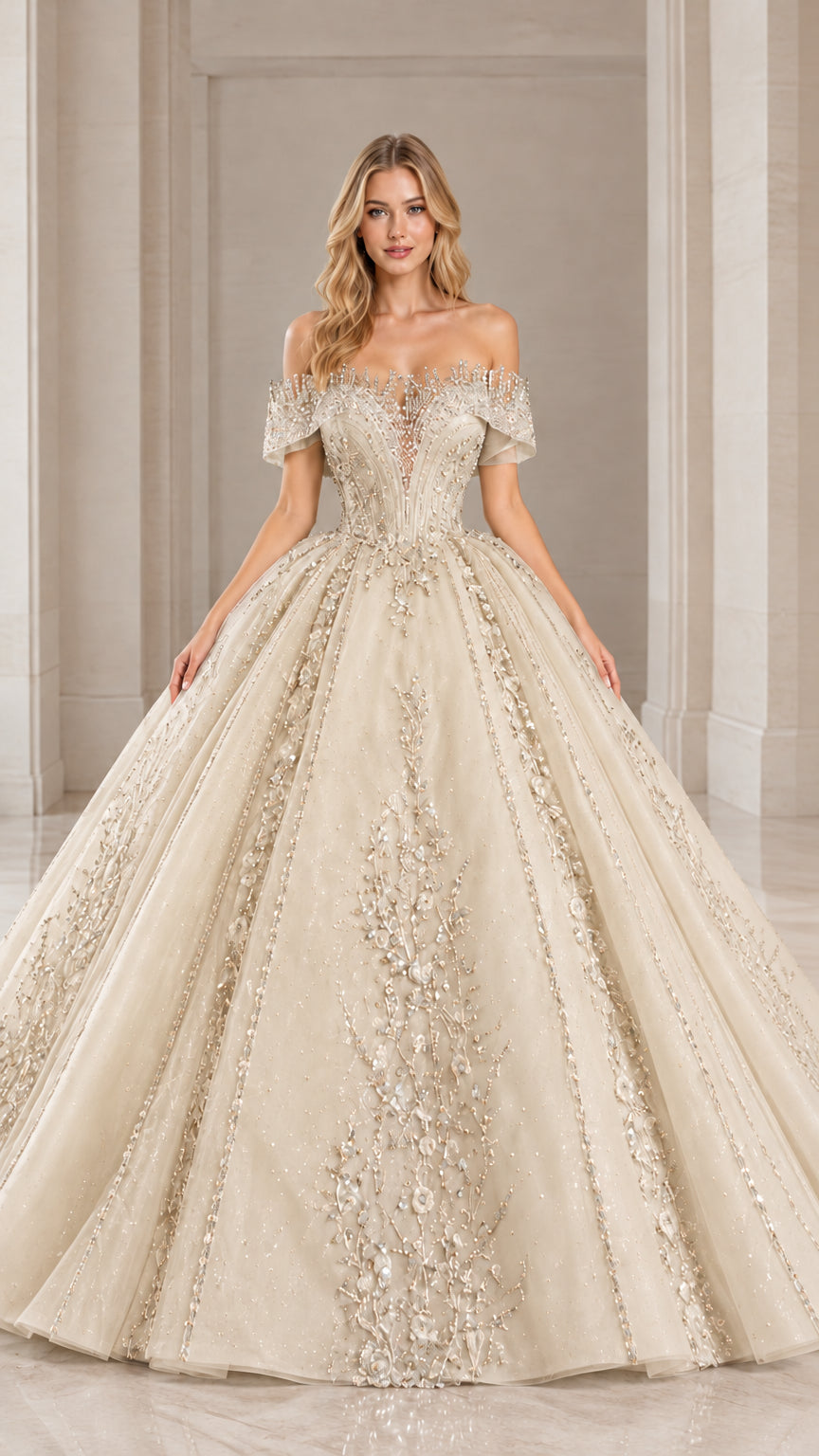 Front view of champagne gold off-the-shoulder beaded tulle ball gown