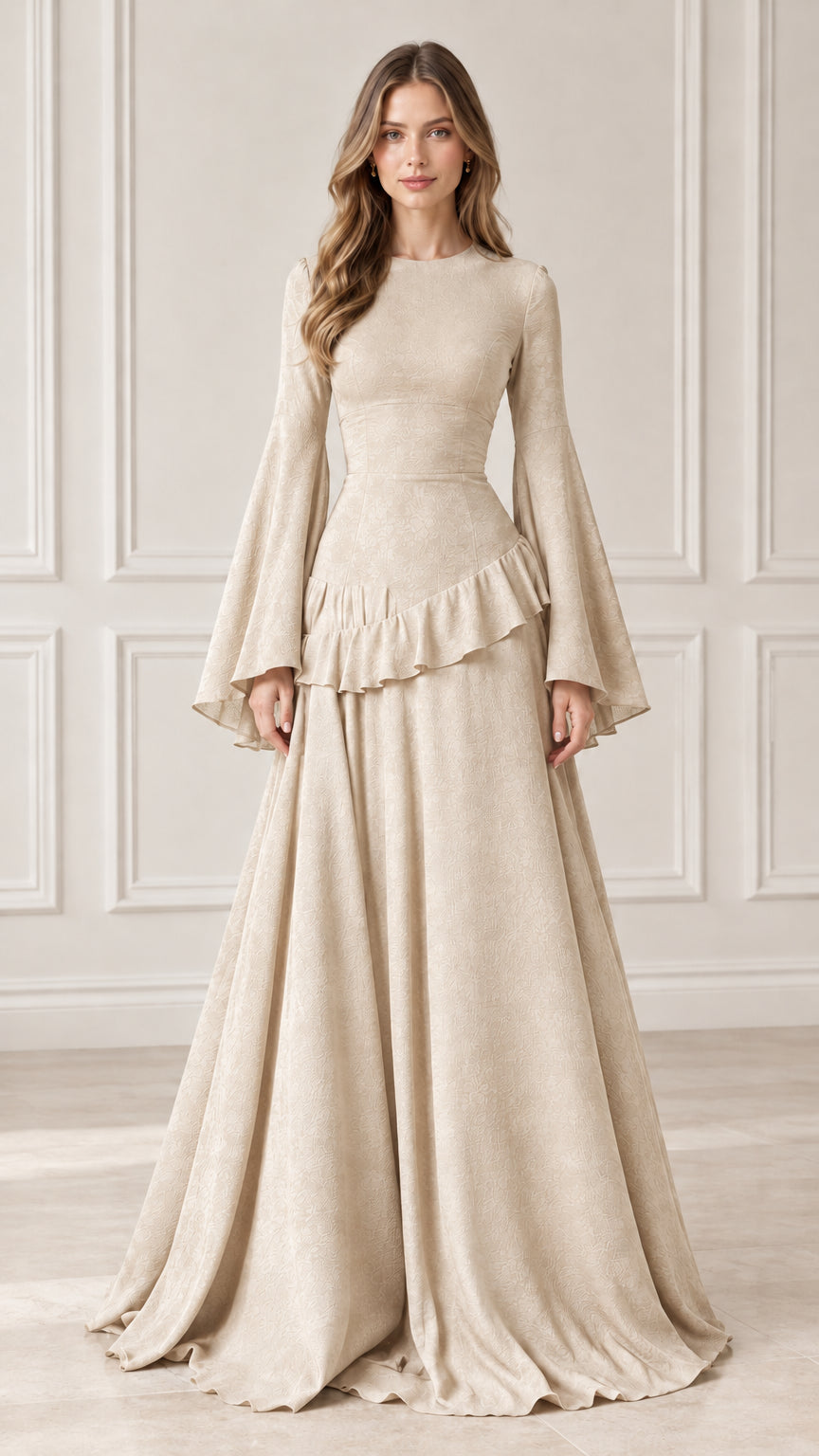 Front full-length view of beige cream flare sleeve tiered ruffle maxi dress