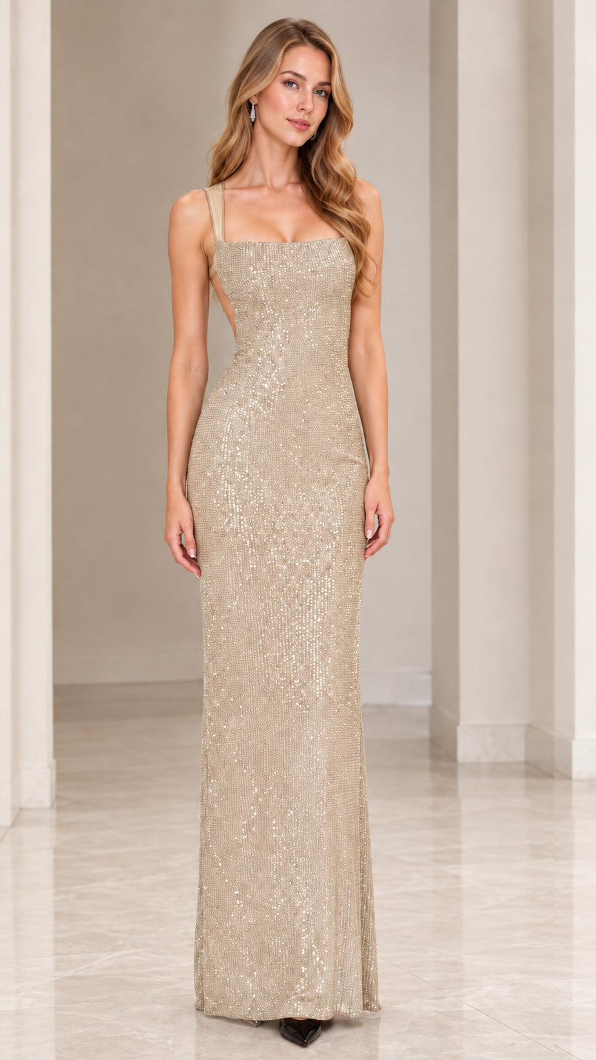 Full front view of model wearing champagne gold sequin square neck evening gown