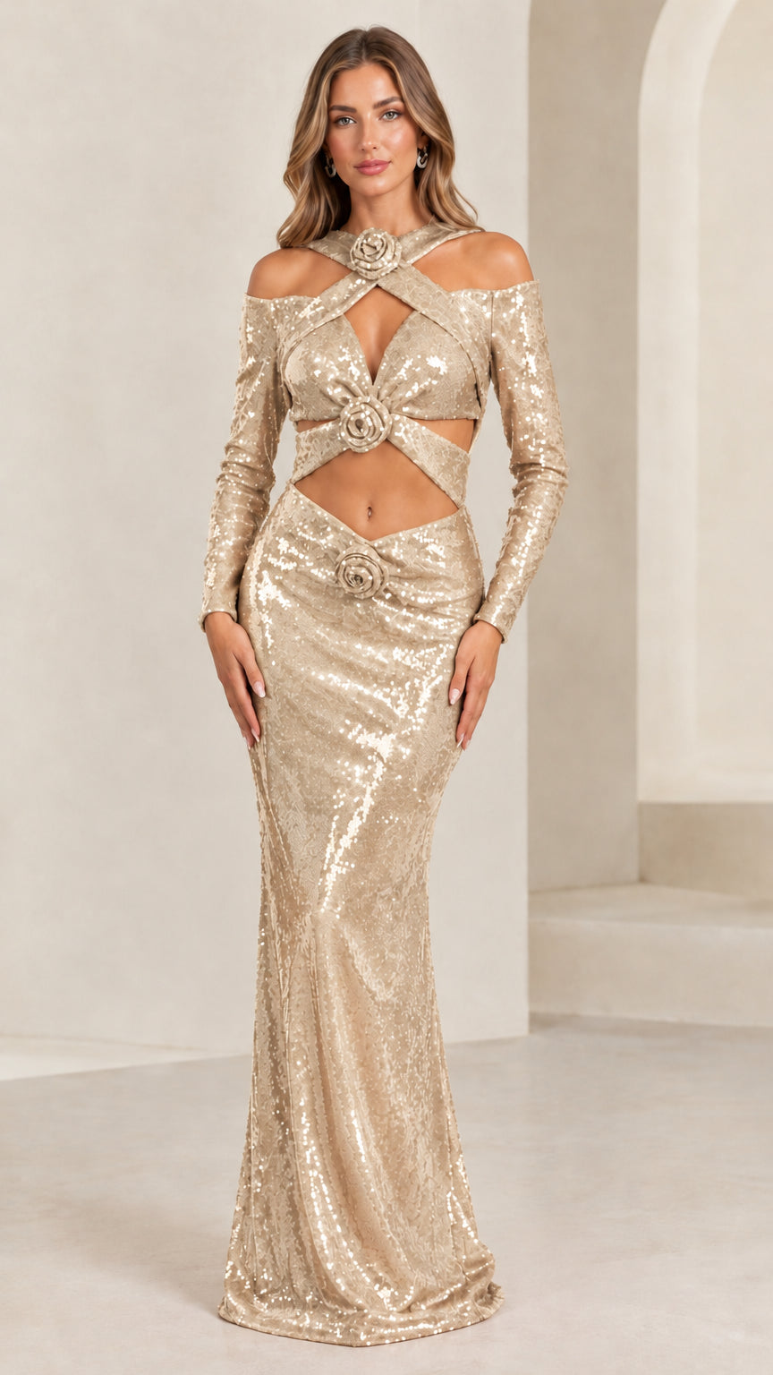 Front view of champagne gold sequin long sleeve cutout evening maxi dress
