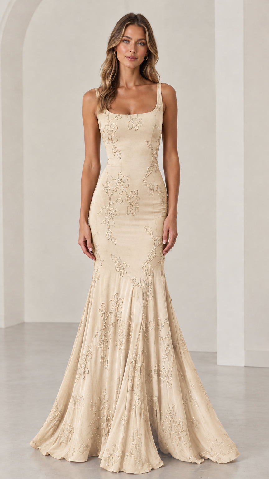 Full front view of Champagne beige floral beaded mermaid evening gown