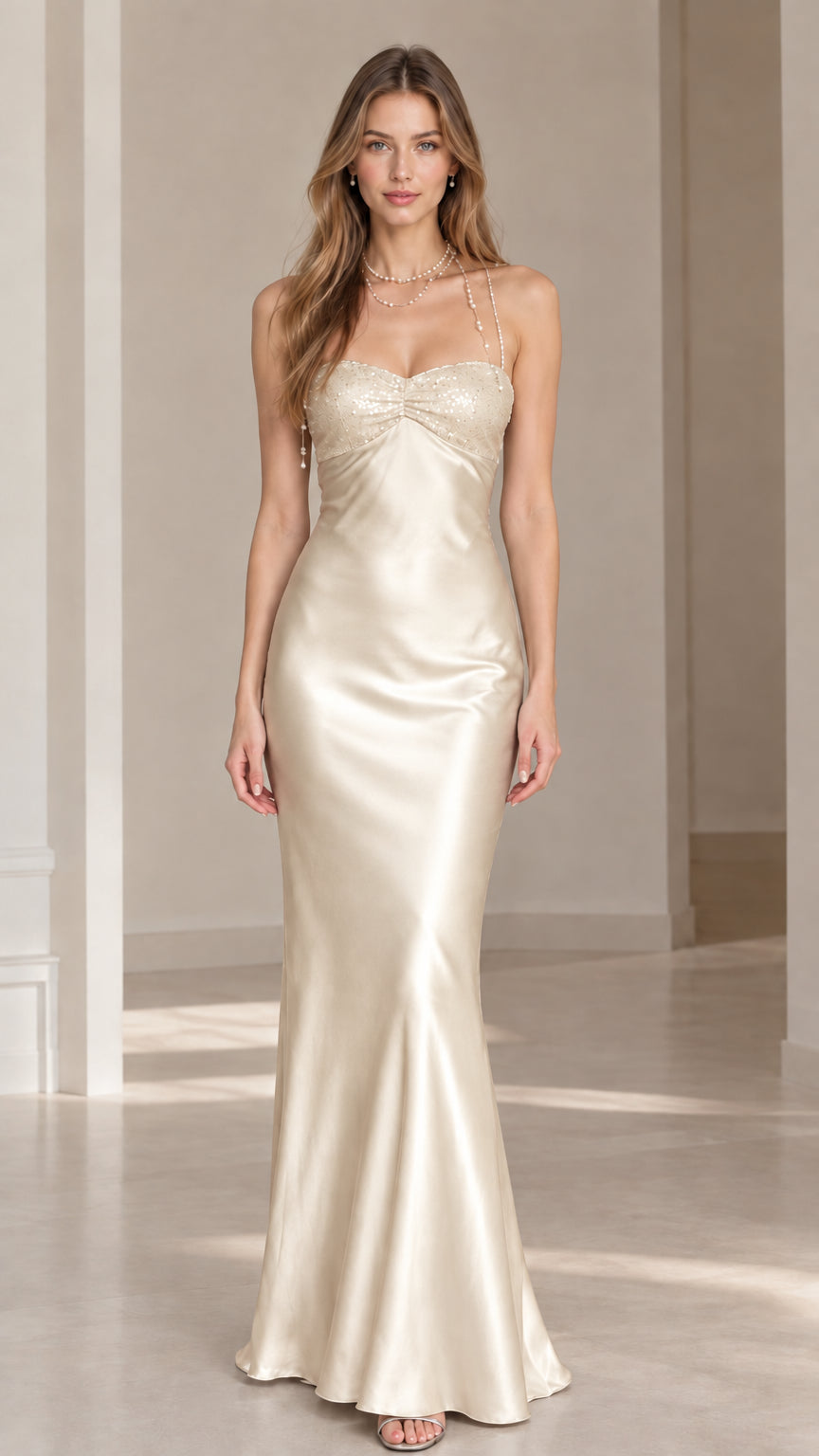 Front view of model wearing Champagne ivory sequin sweetheart satin maxi evening gown