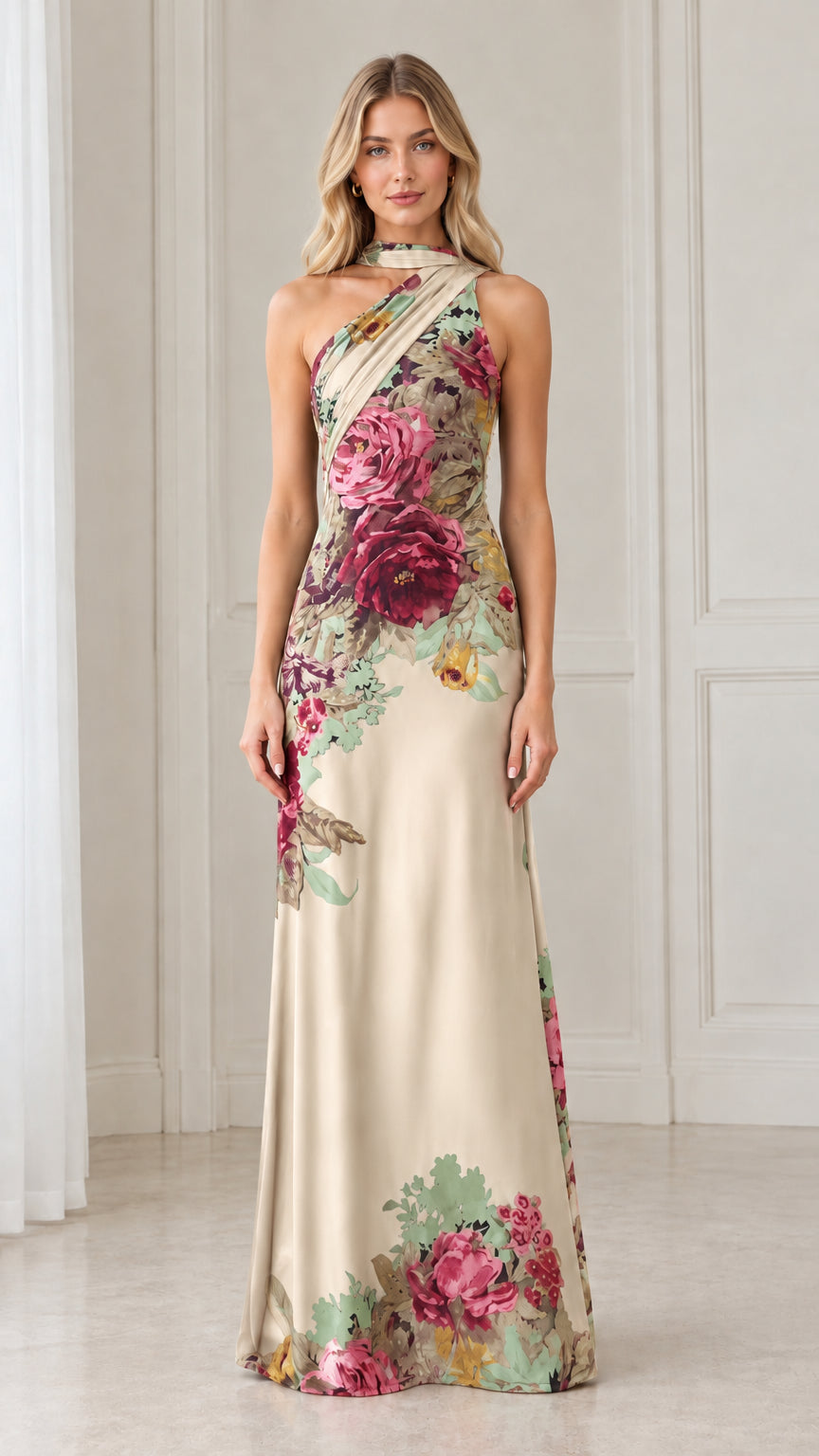 Front view of model wearing champagne cream floral print asymmetric maxi dress