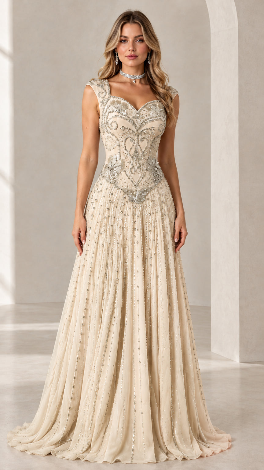 Front full-length view of Champagne beaded basque waist evening gown