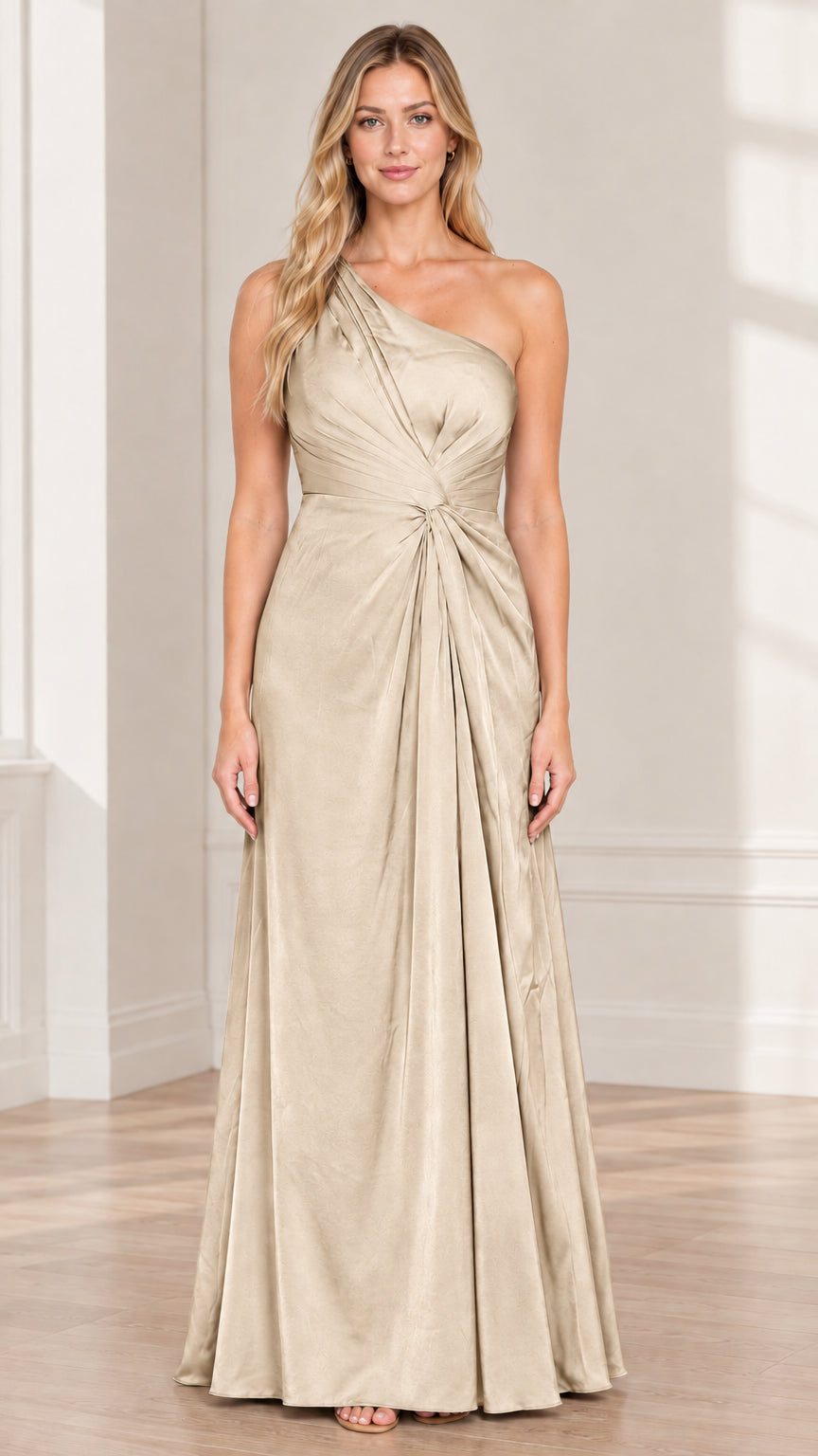Woman wearing champagne beige one-shoulder pleated evening gown