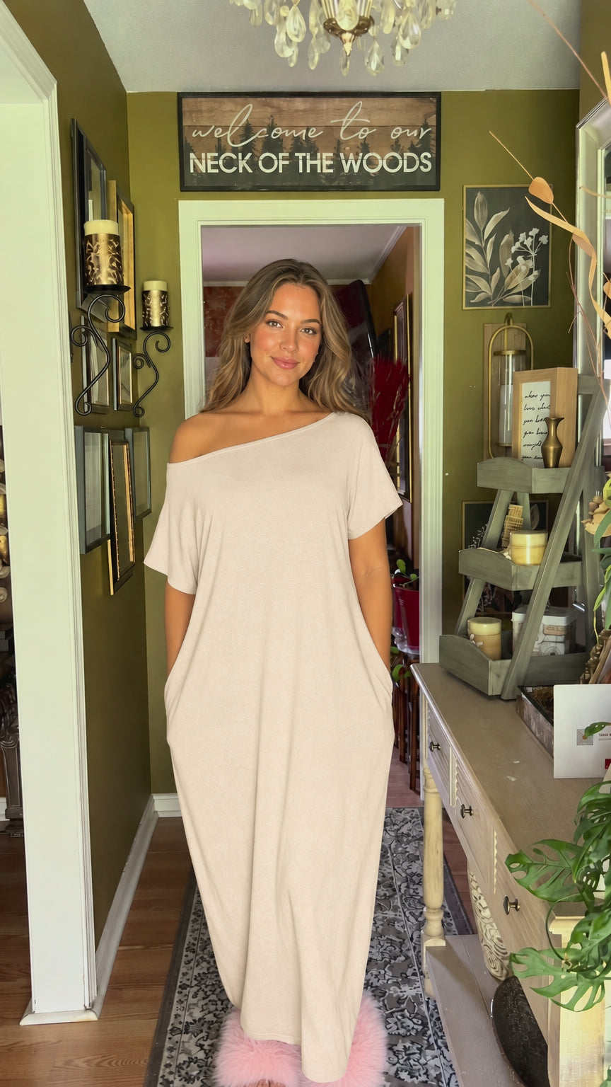 Front view of model wearing beige neutral one-shoulder casual maxi dress