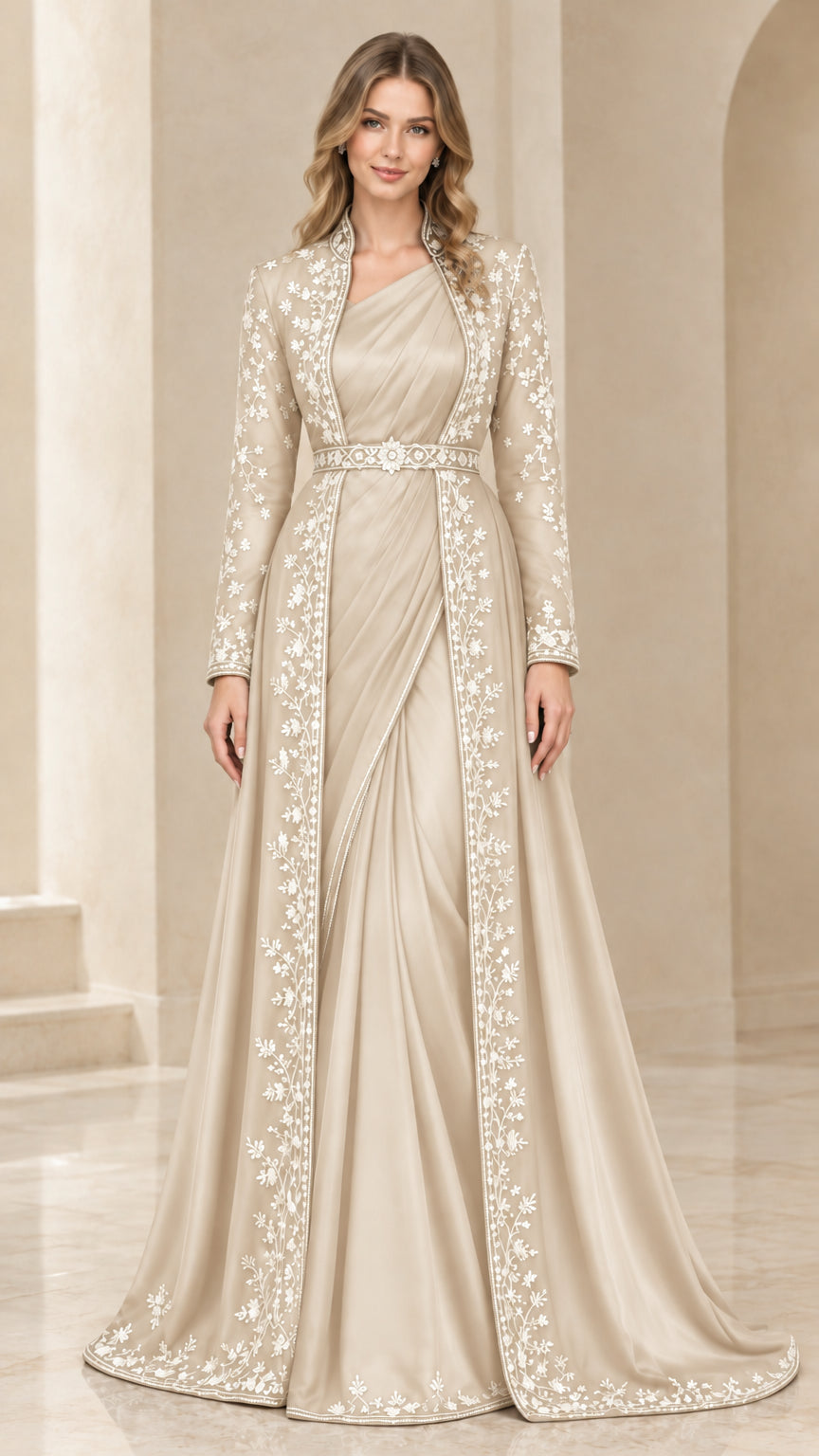 Front view of champagne beige embroidered formal evening gown and matching long coat set
