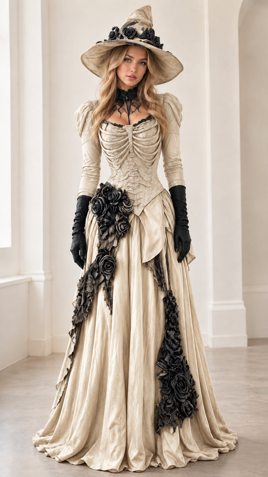 Front view of gothic witch maxi gown in ivory beige with matching sculpted bodice, black floral trim, and beige hat