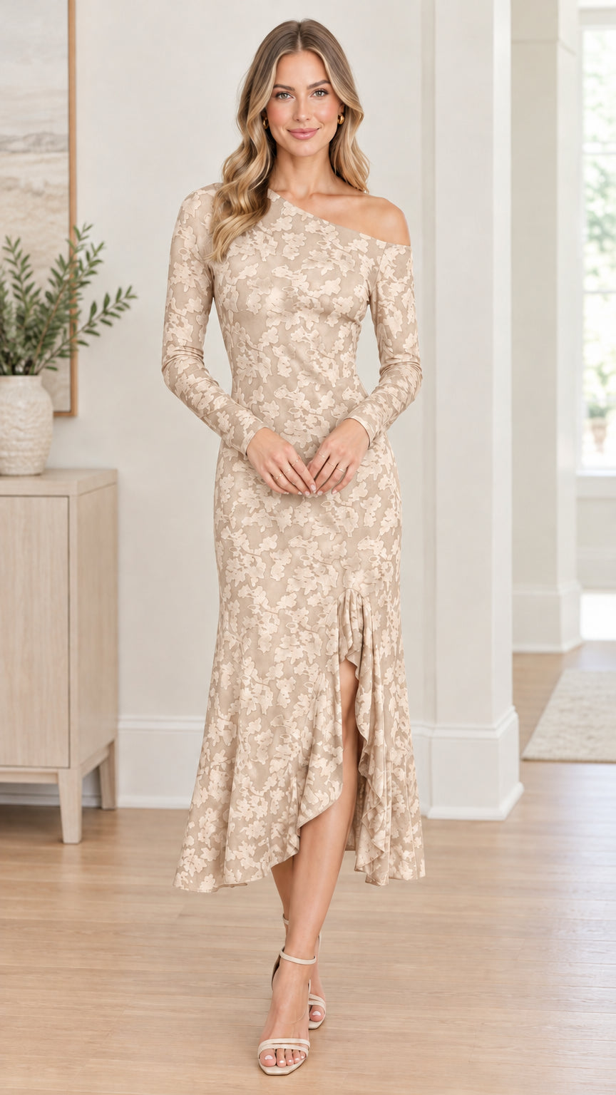 Champagne beige one-shoulder long sleeve floral jacquard midi dress