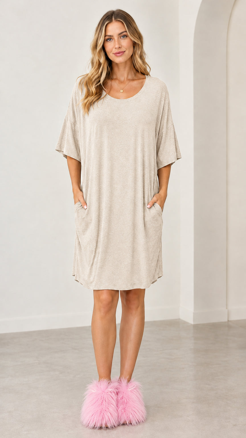 Full front view of the oatmeal beige short sleeve casual lounge dress with pockets
