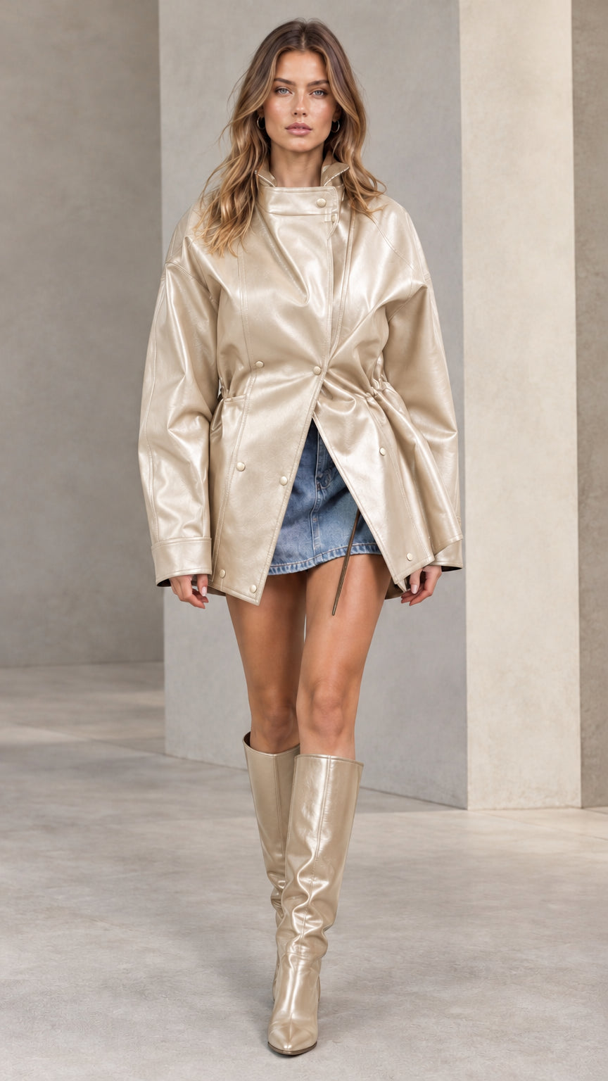 Front view of metallic champagne faux leather drawstring waist jacket with matching knee-high boots