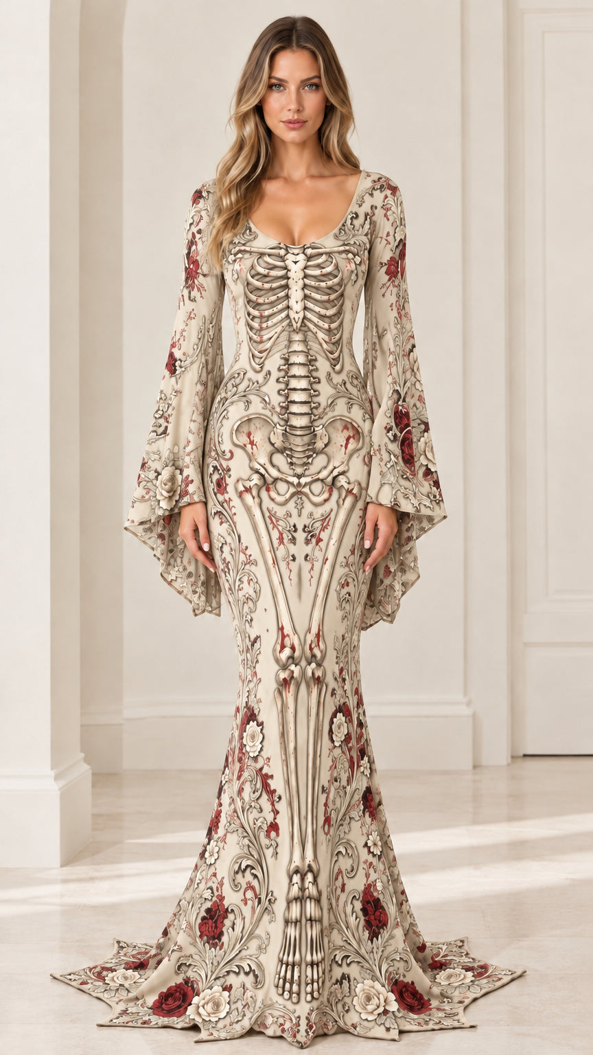 Cream off-white gothic skeleton floral flared bell sleeve maxi dress