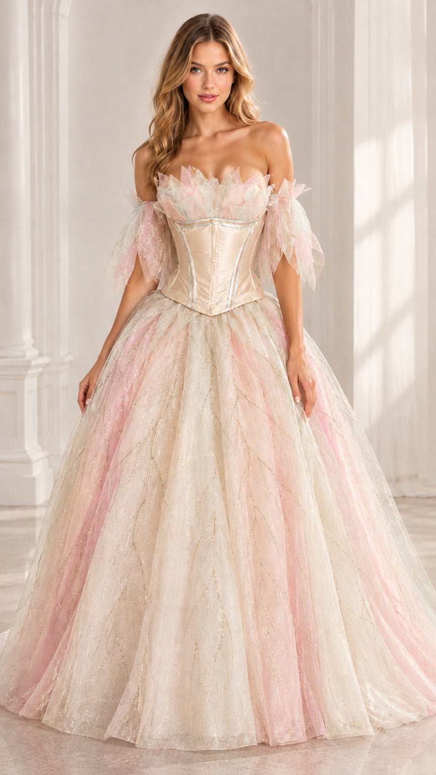 Front view of champagne blush pink glitter tulle evening ball gown